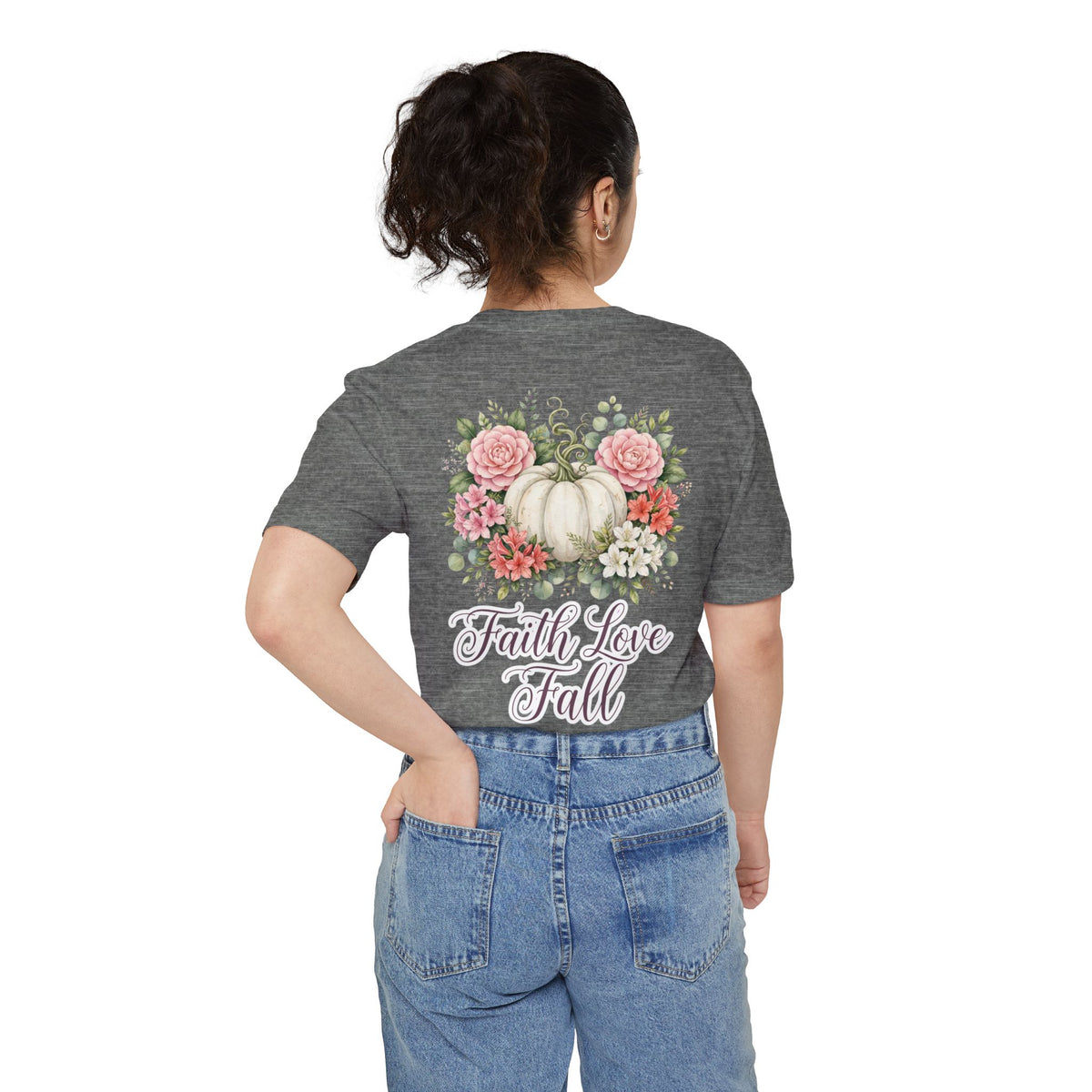 Faith Love Fall Pocket T-Shirt — Floral Pumpkin Autumn Tee