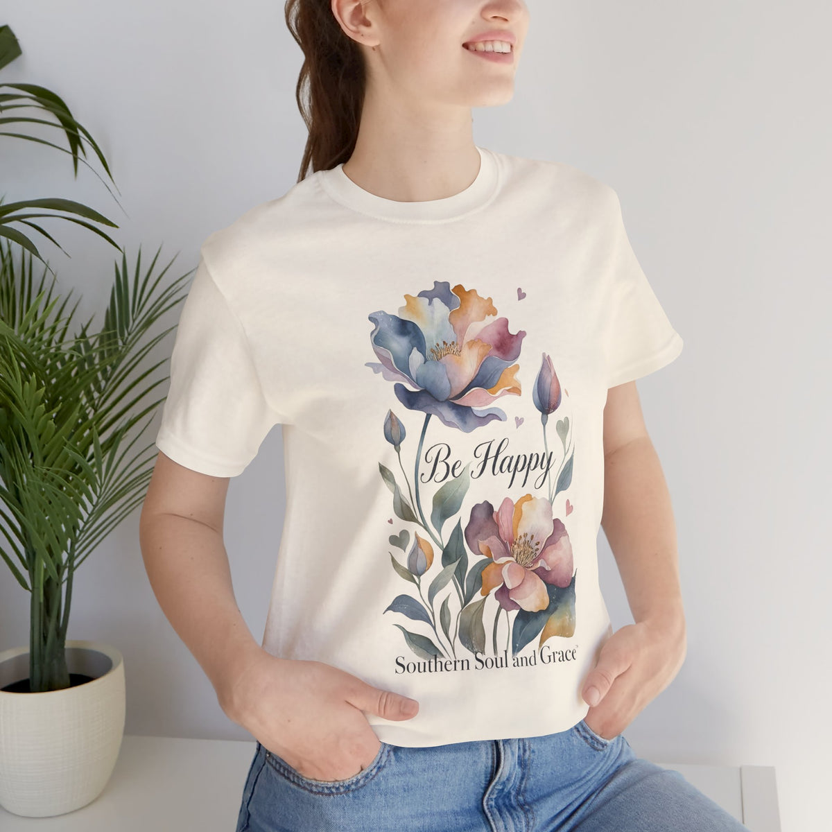 Be Happy Floral Tee — Watercolor Flowers Inspirational Quote T-Shirt