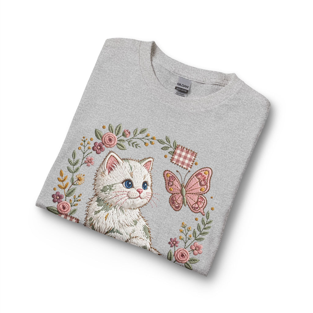 Cute Kitten & Butterfly Long Sleeve Tee — Floral Vintage Cat Shirt