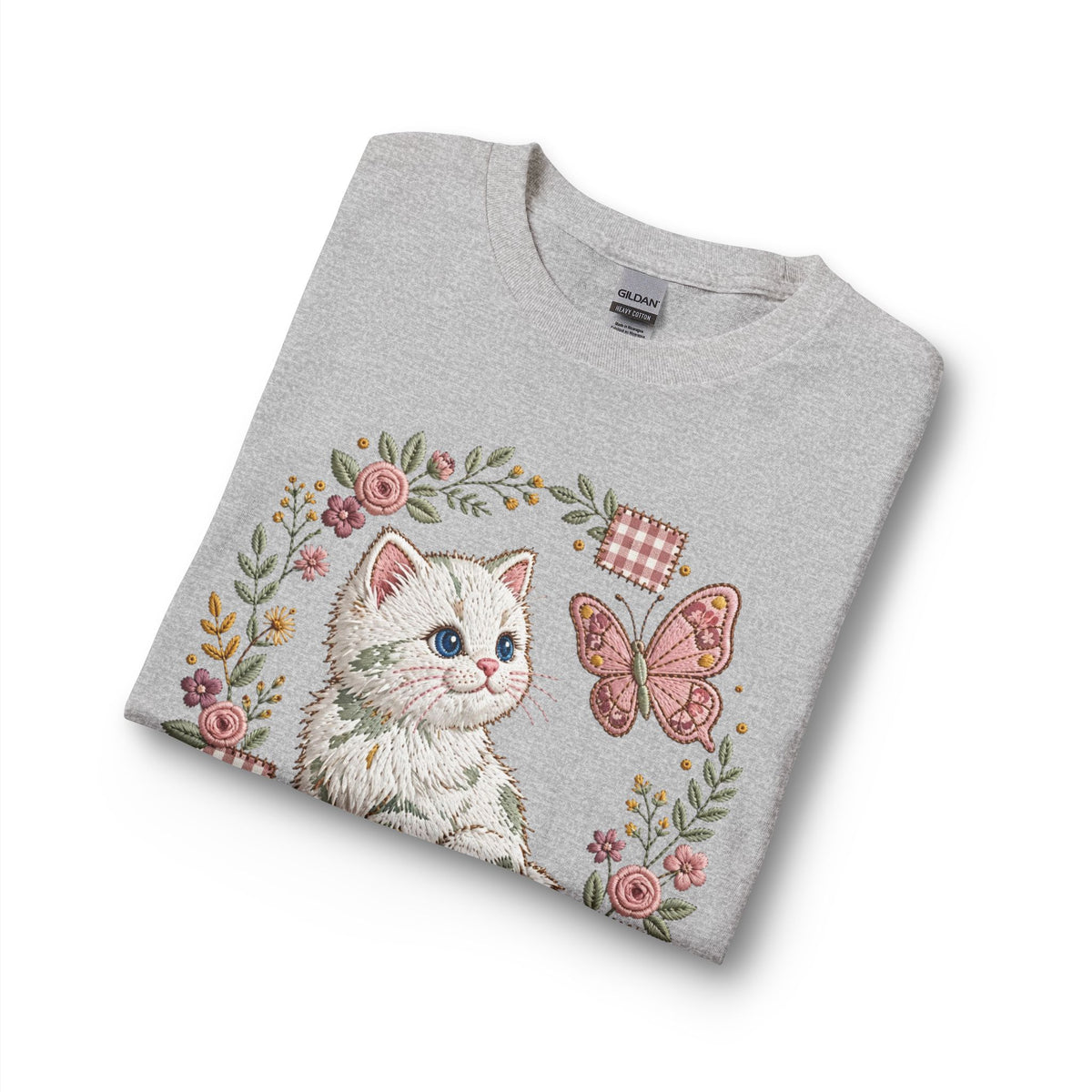 Cute Kitten & Butterfly Long Sleeve Tee — Floral Vintage Cat Shirt