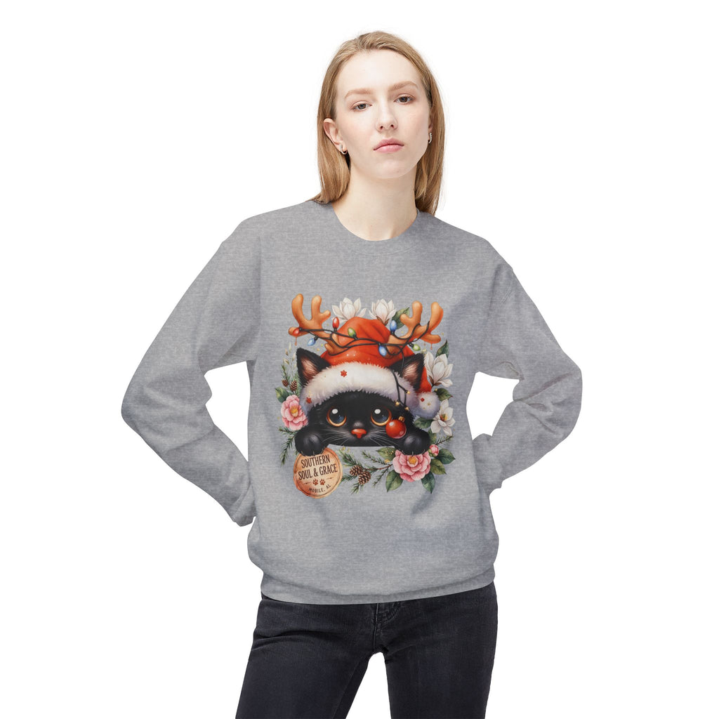 Christmas Black Cat Sweatshirt – Cute Cat in Santa Hat with Reindeer Antlers & Floral Wreath