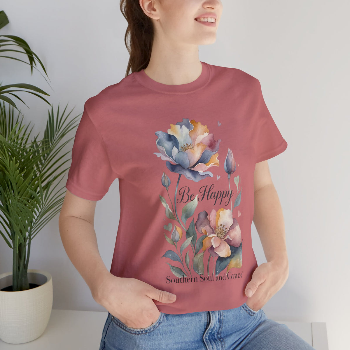 Be Happy Floral Tee — Watercolor Flowers Inspirational Quote T-Shirt