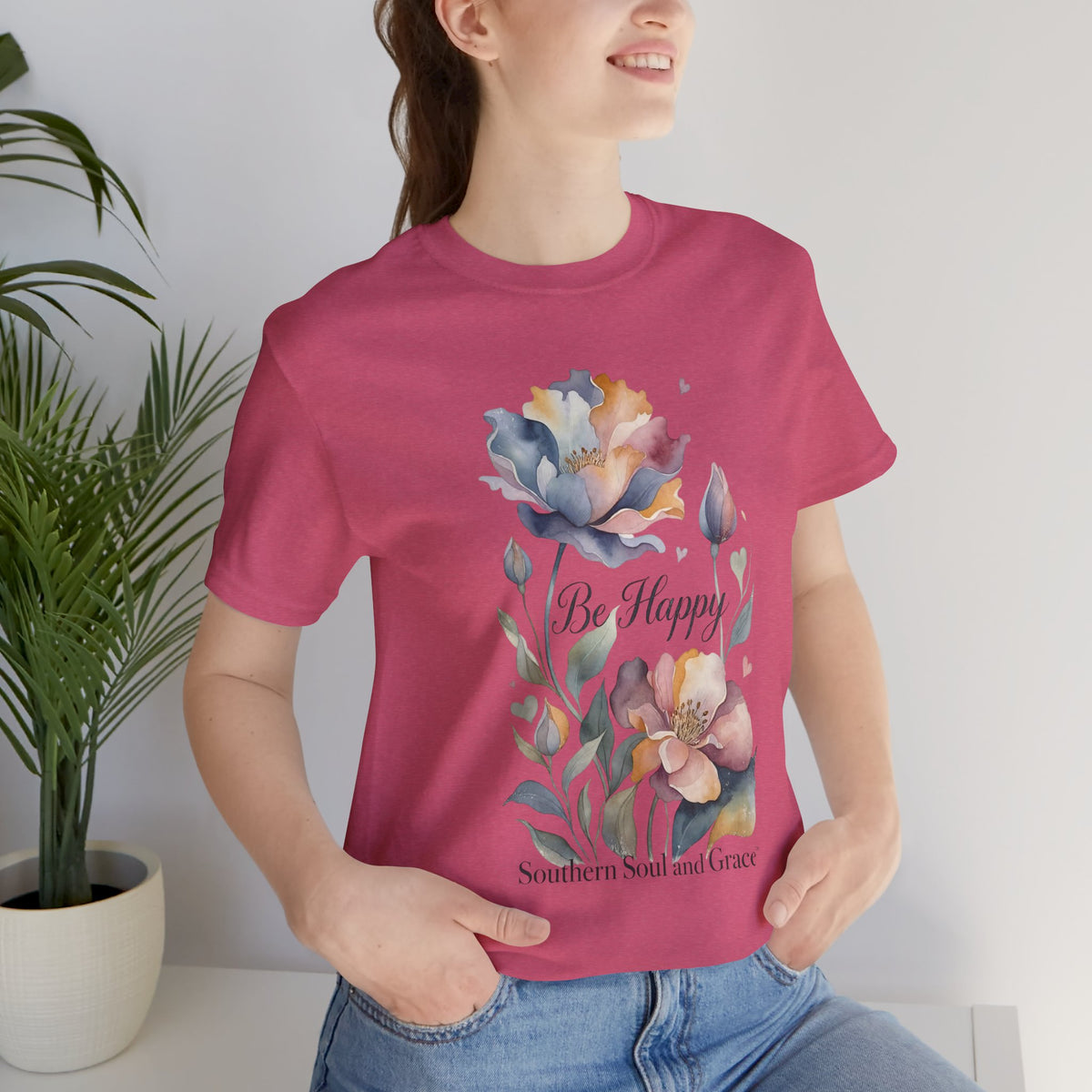 Be Happy Floral Tee — Watercolor Flowers Inspirational Quote T-Shirt