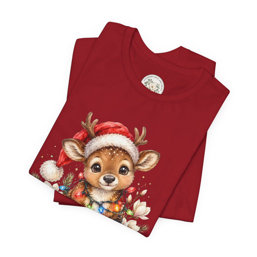 Christmas Reindeer Tee — Cute Baby Reindeer in Santa Hat Holiday T-Shirt