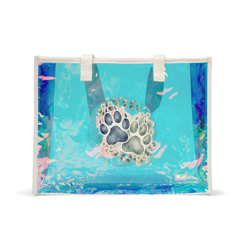 Holographic Beach Tote Bag — Iridescent Clear Carryall with Floral or Paw Design