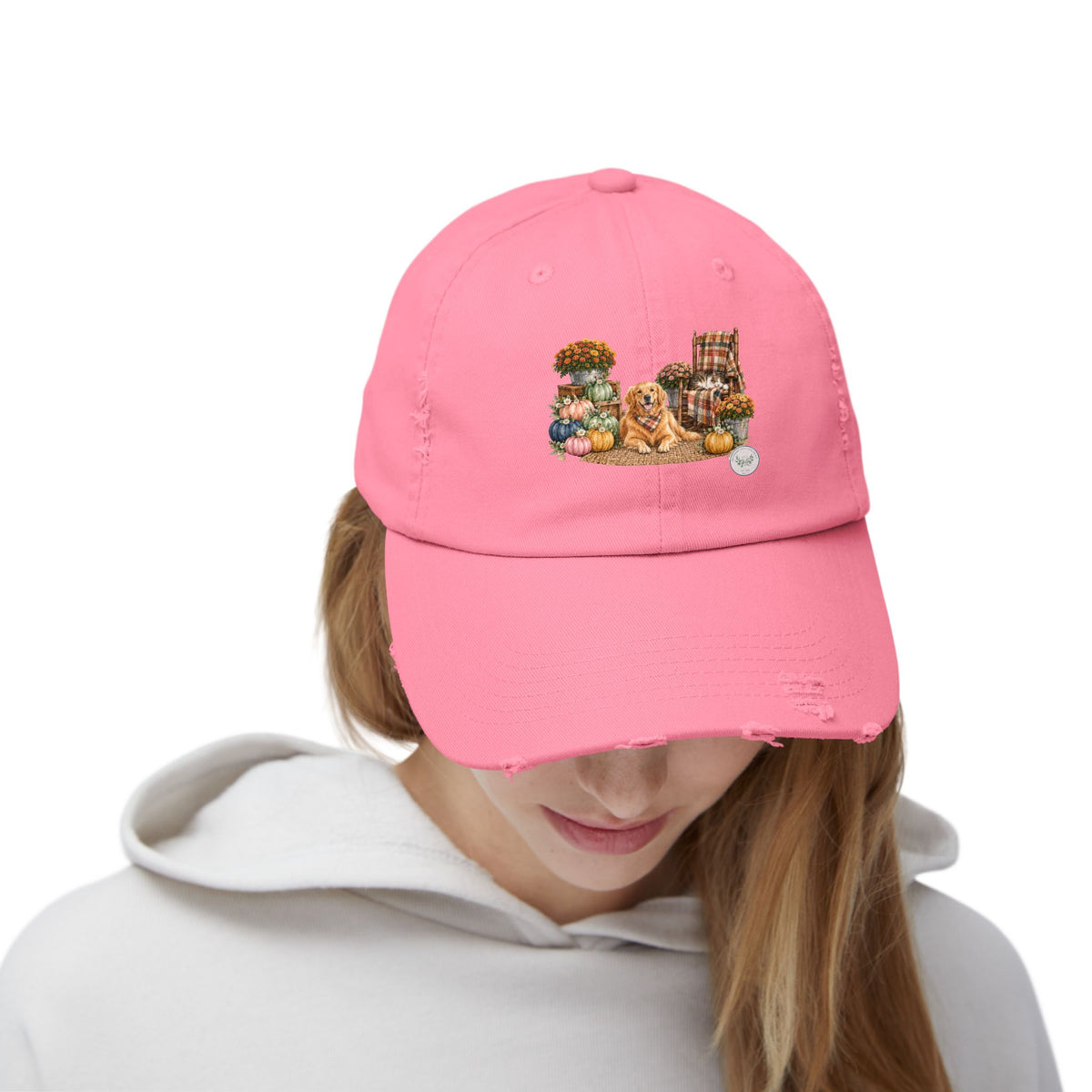 Autumn Cozy Dog Distressed Cap — Fall Pumpkins & Plaid Chair Design