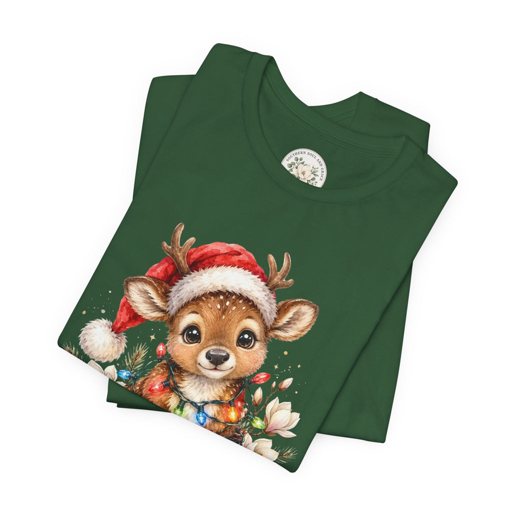 Christmas Reindeer Tee — Cute Baby Reindeer in Santa Hat Holiday T-Shirt