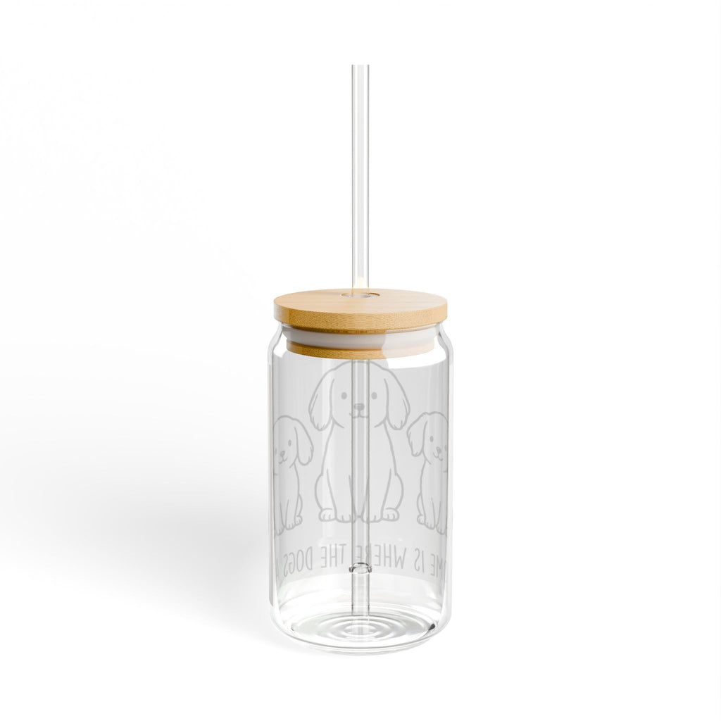 Sipper Glass – "Home Is Where The Dogs Are" 16oz Cute Puppy Drink Jar with Bamboo Lid & Straw