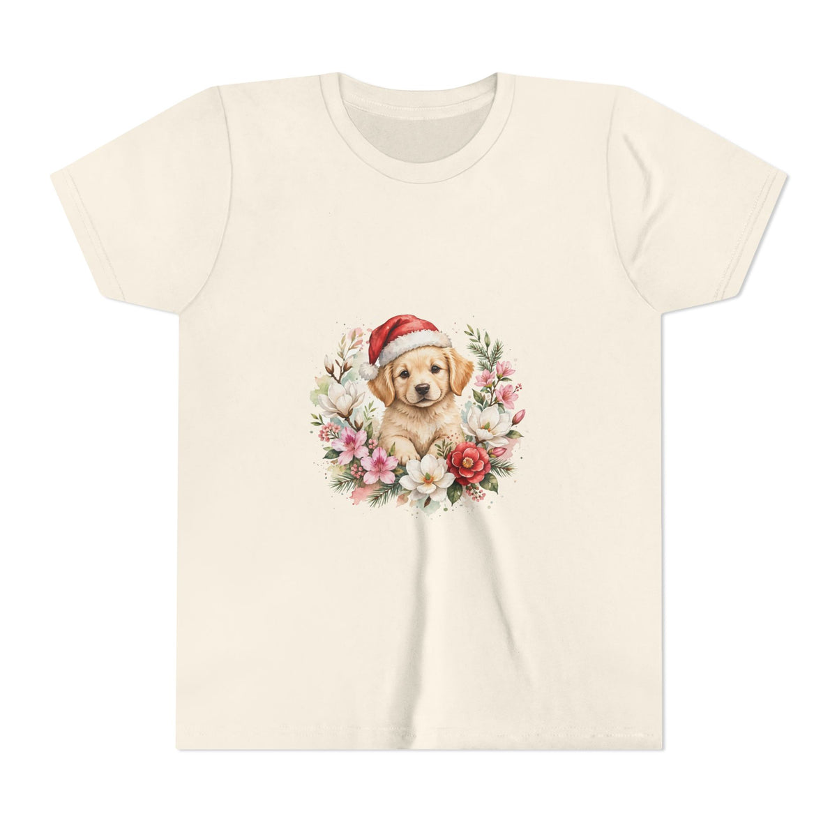 Christmas Puppy Kids T-Shirt — Puppy Santa Hat Floral Tee