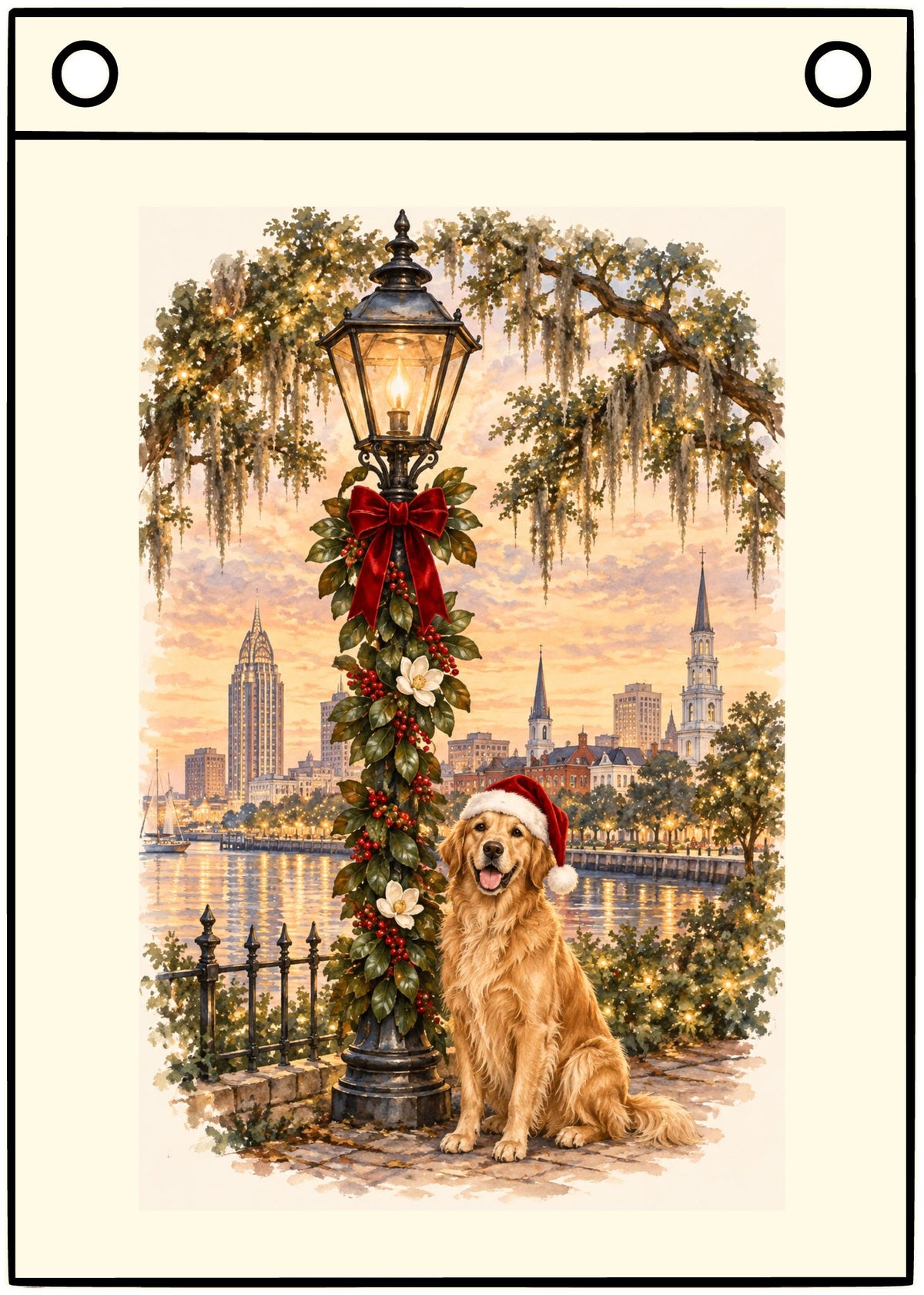 Christmas Golden Retriever Canvas Flag — Holiday Lamppost Scene Mobile Alabama