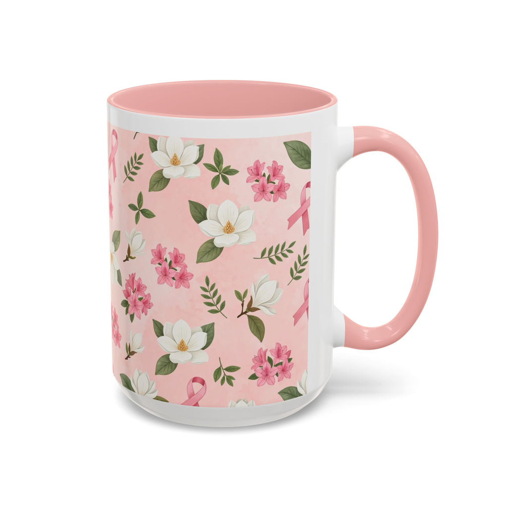 Breast Cancer Awareness Floral Coffee Mug (Pink Ribbon Accent)