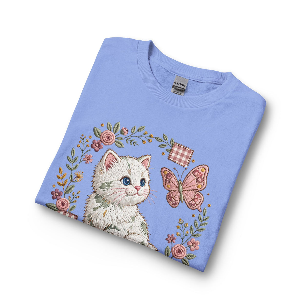 Cute Kitten & Butterfly Long Sleeve Tee — Floral Vintage Cat Shirt