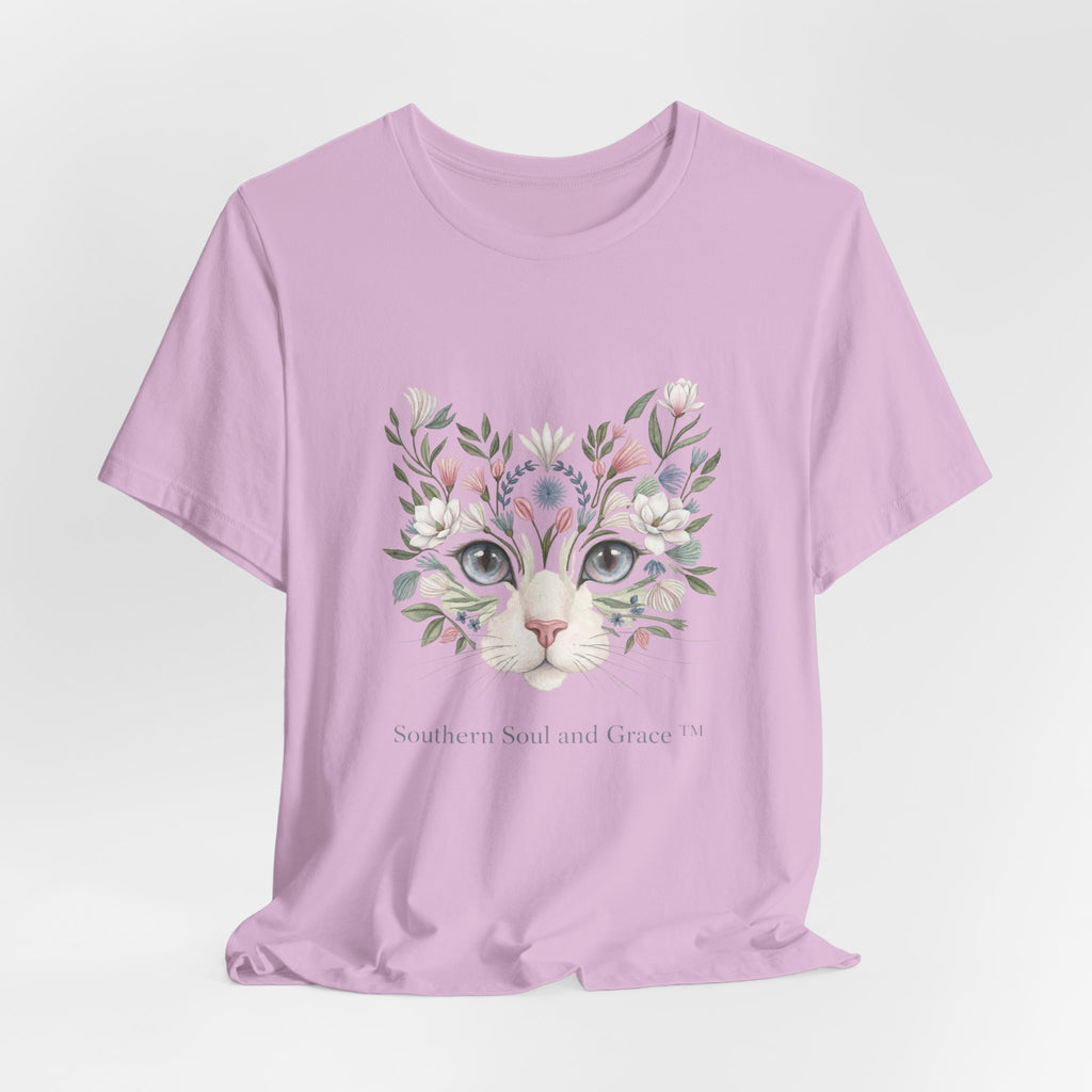Floral Cat Face Tee — Watercolor Kitty Floral Illustration T-Shirt
