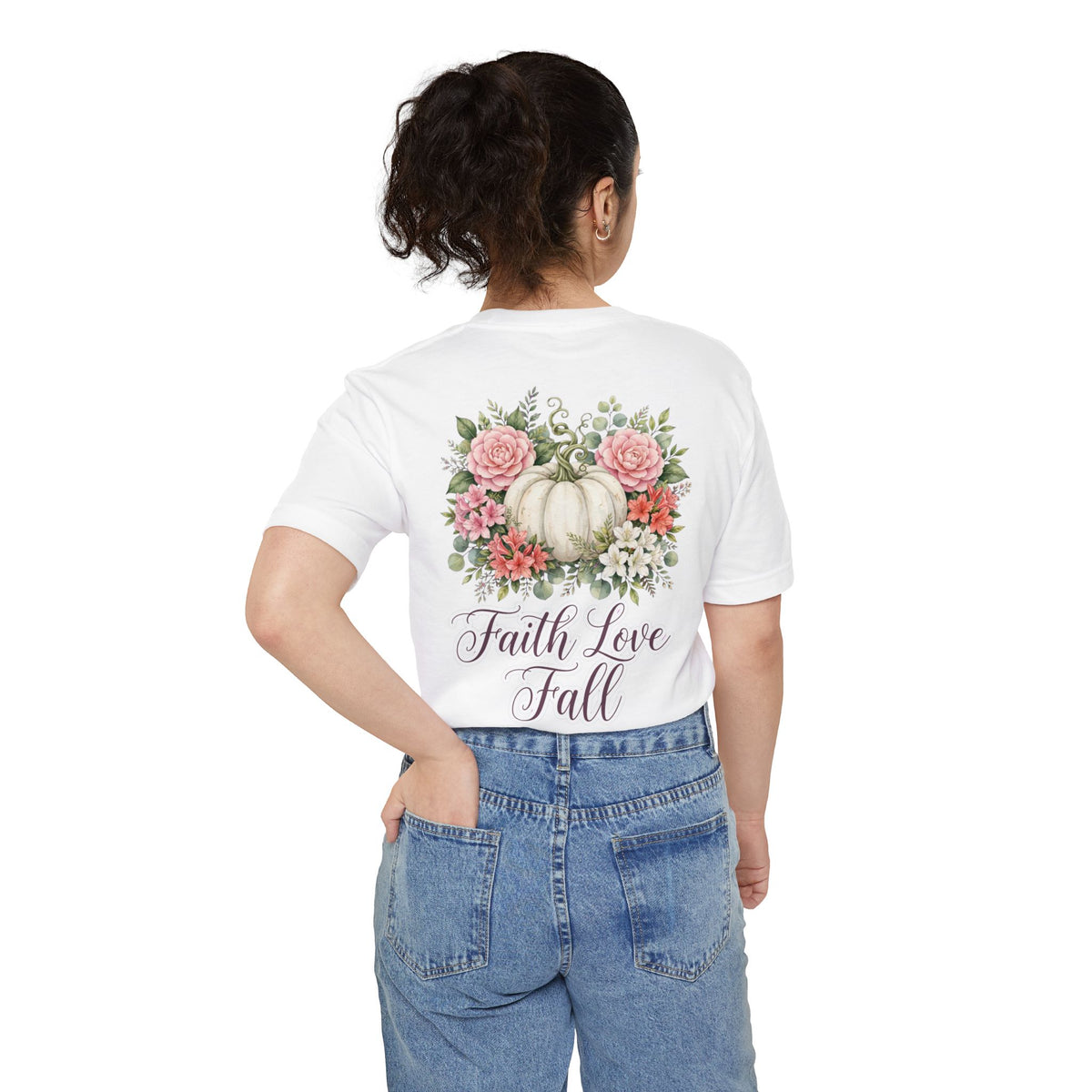 Faith Love Fall Pocket T-Shirt — Floral Pumpkin Autumn Tee