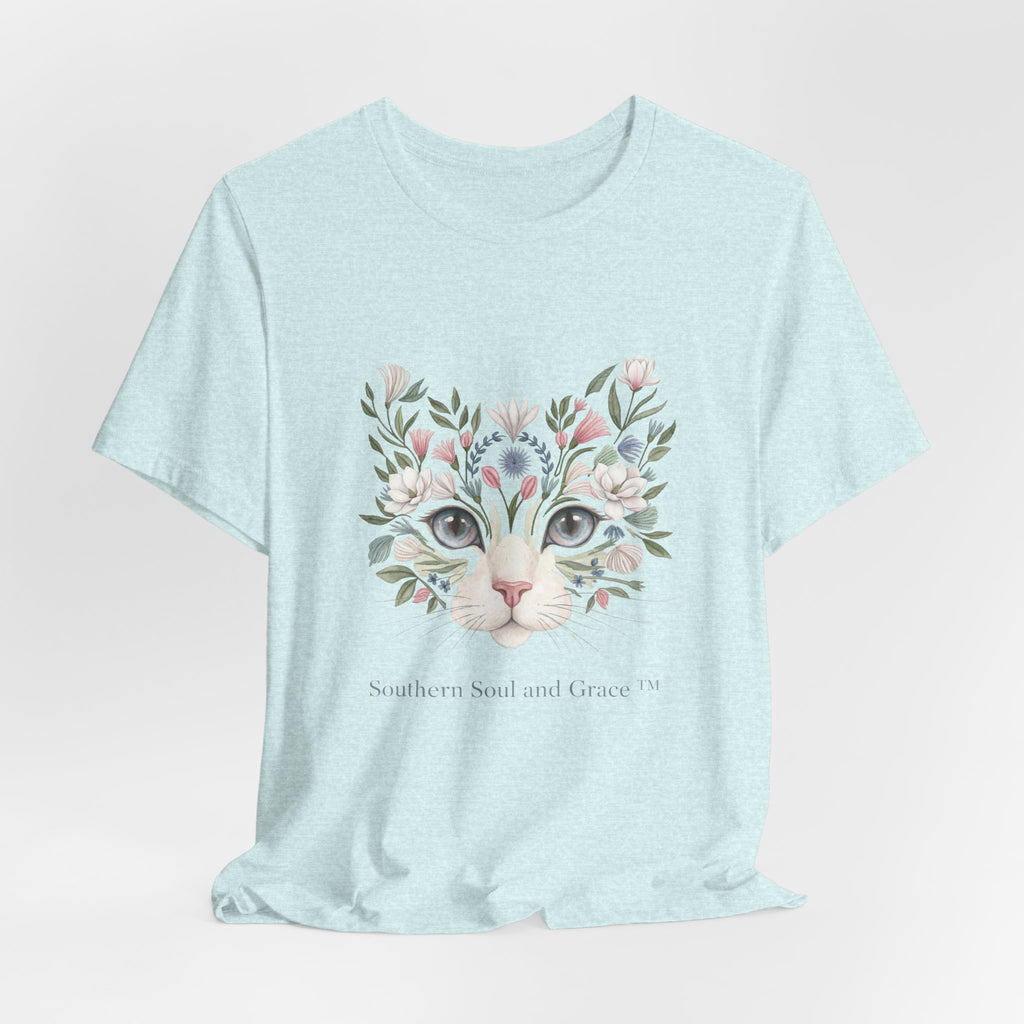 Floral Cat Face Tee — Watercolor Kitty Floral Illustration T-Shirt
