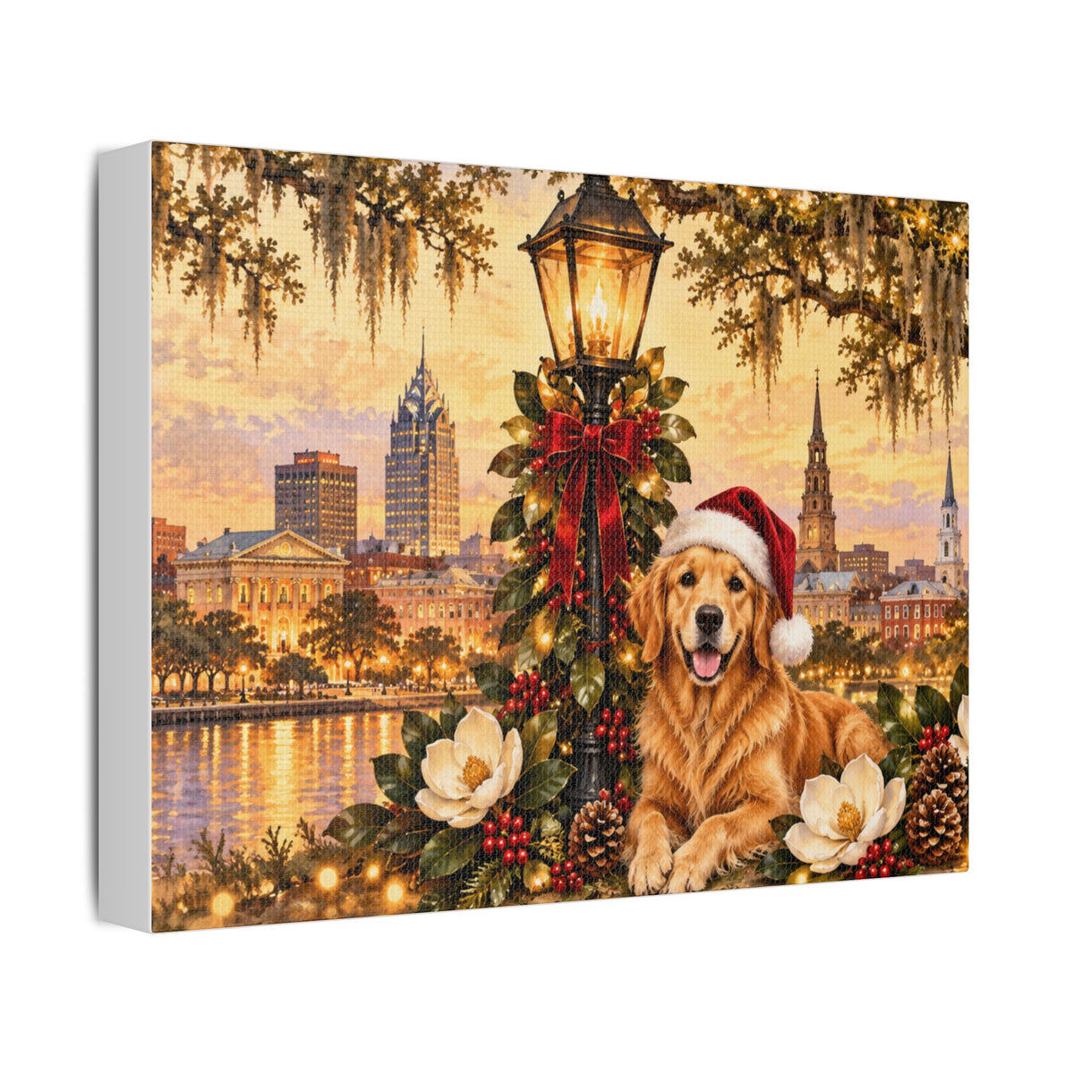 Golden Retriever with Santa Hat Satin Canvas Mobile Alabama Landscape - view 13