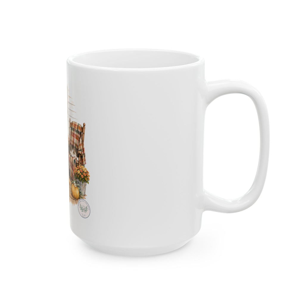 Autumn Porch Golden Retriever Ceramic Mug – Fall Pumpkin & Plaid Coffee Cup (11oz/15oz)