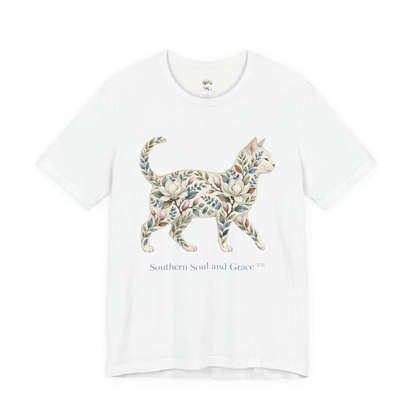 Floral cat graphic t-shirt with Southern Soul and Grace design