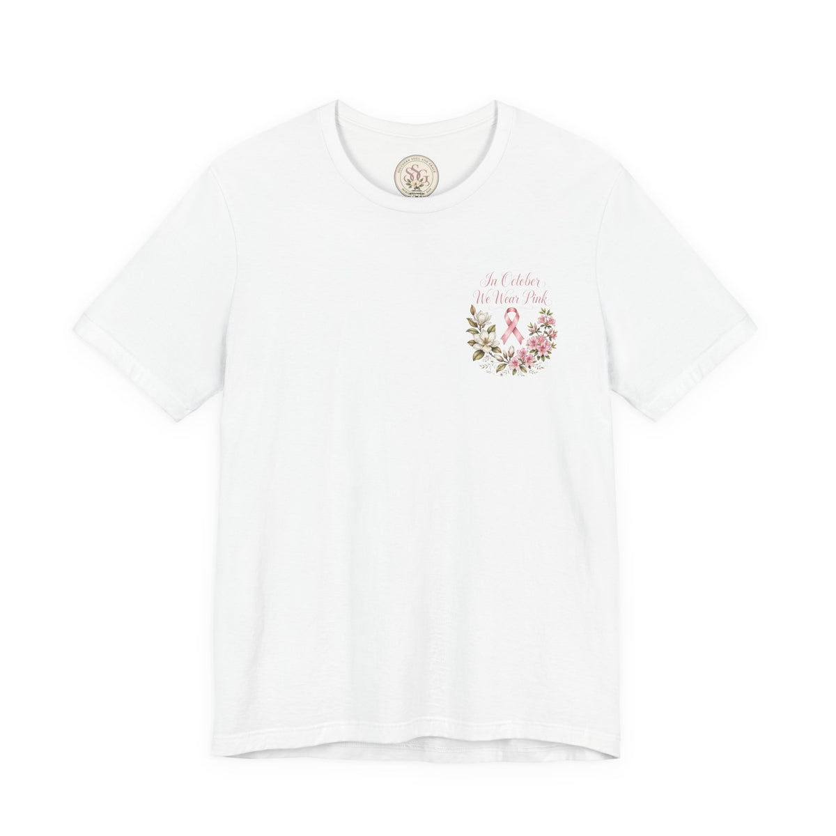 Breast Cancer Awareness Floral Tee — "In October We Wear Pink" T-Shirt
