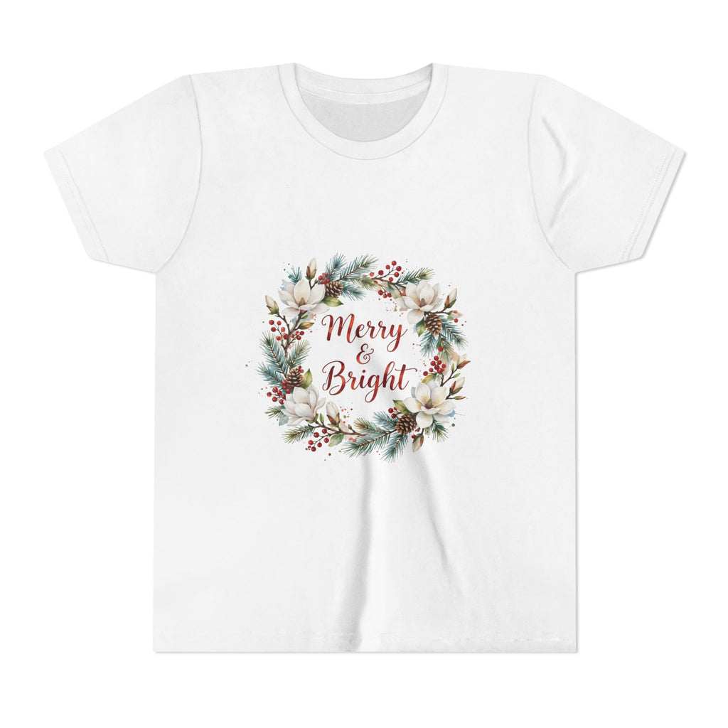 Merry & Bright Kids T-Shirt — Magnolia Wreath Christmas Tee