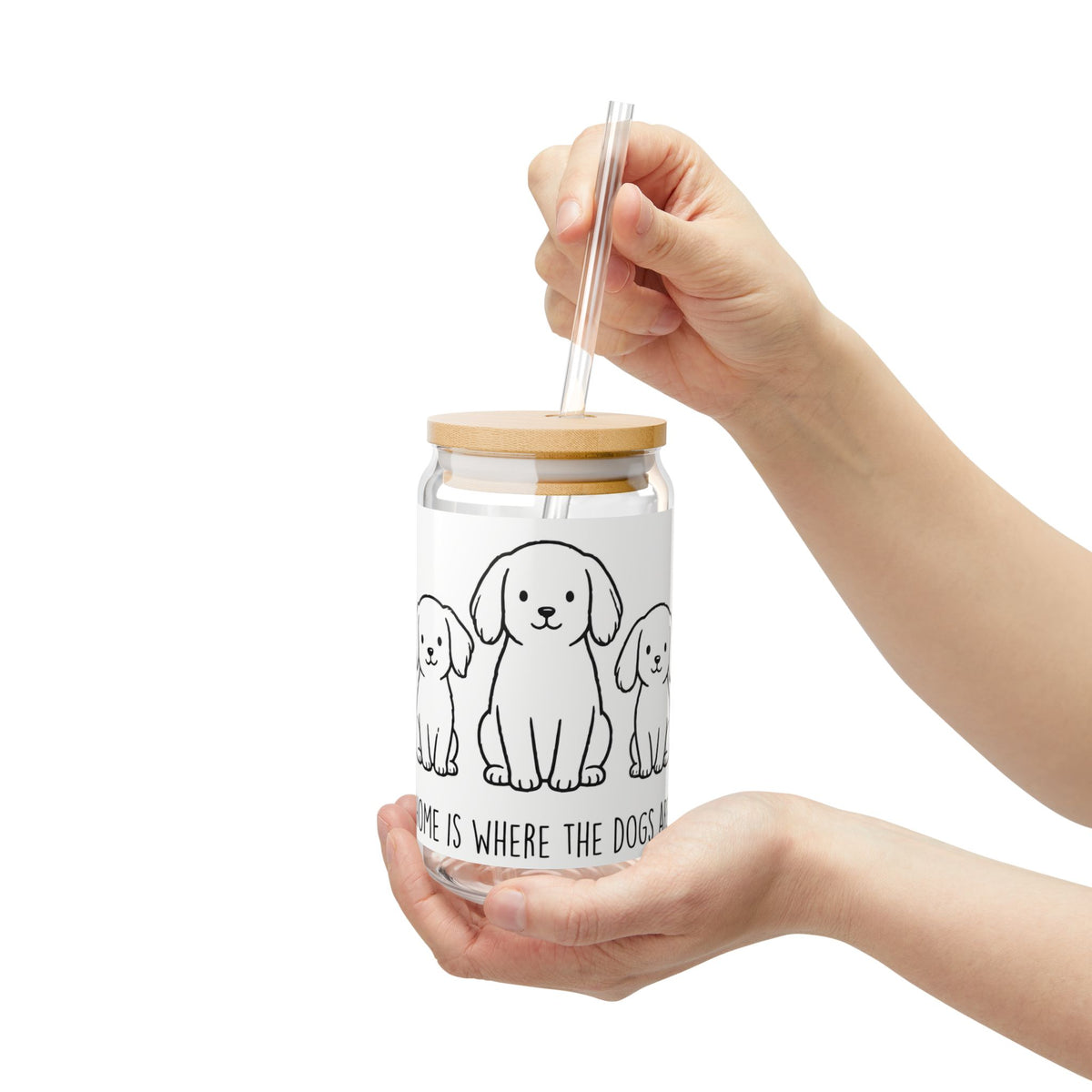 Sipper Glass – "Home Is Where The Dogs Are" 16oz Cute Puppy Drink Jar with Bamboo Lid & Straw