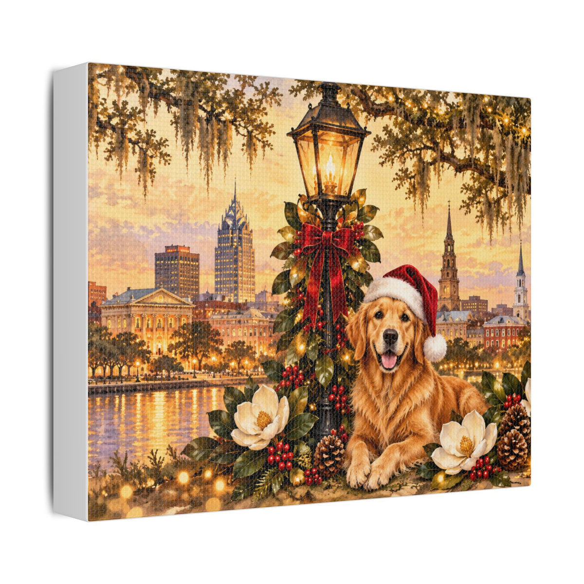 Golden Retriever with Santa Hat Satin Canvas Mobile Alabama Landscape - view 12