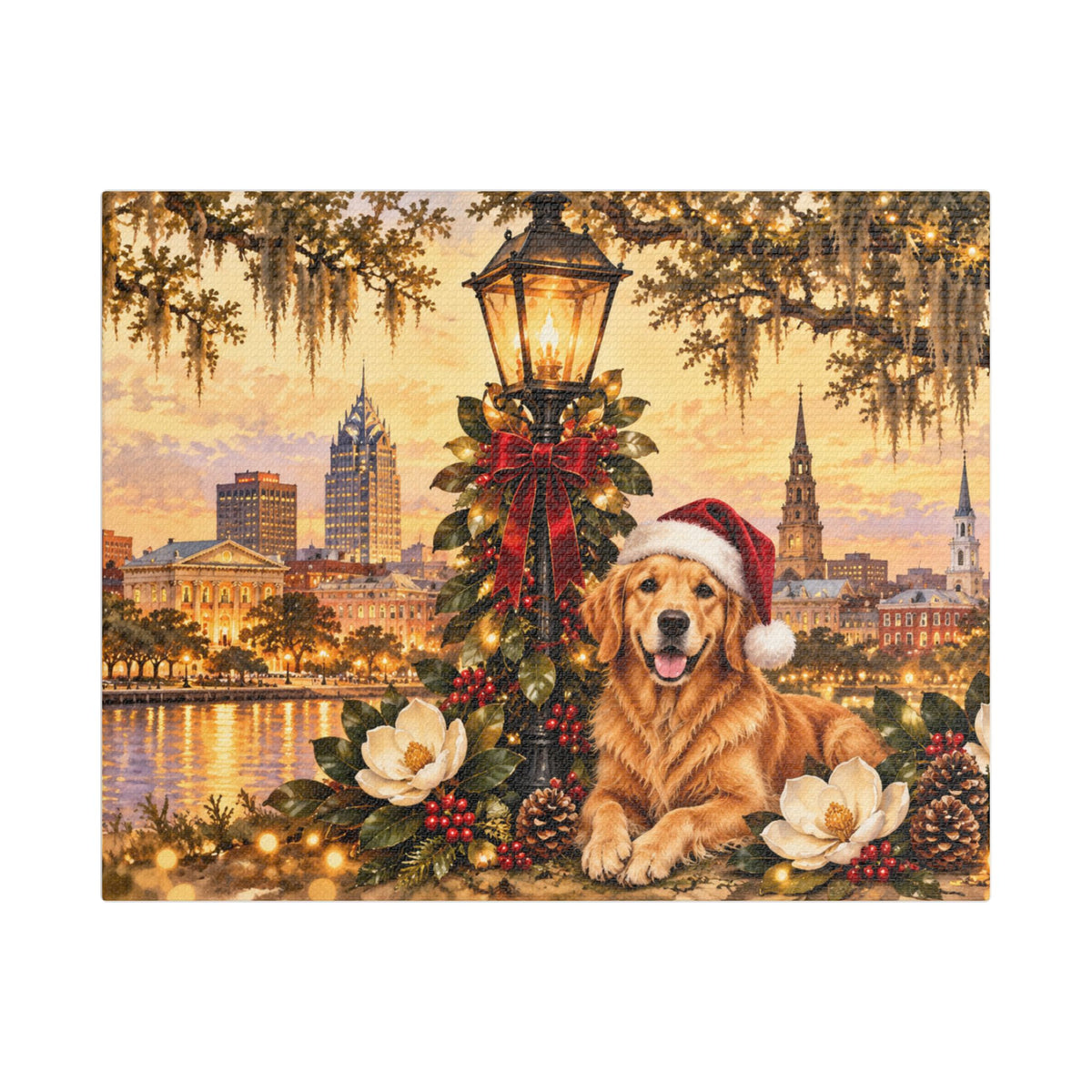 Golden Retriever with Santa Hat Satin Canvas Mobile Alabama Landscape