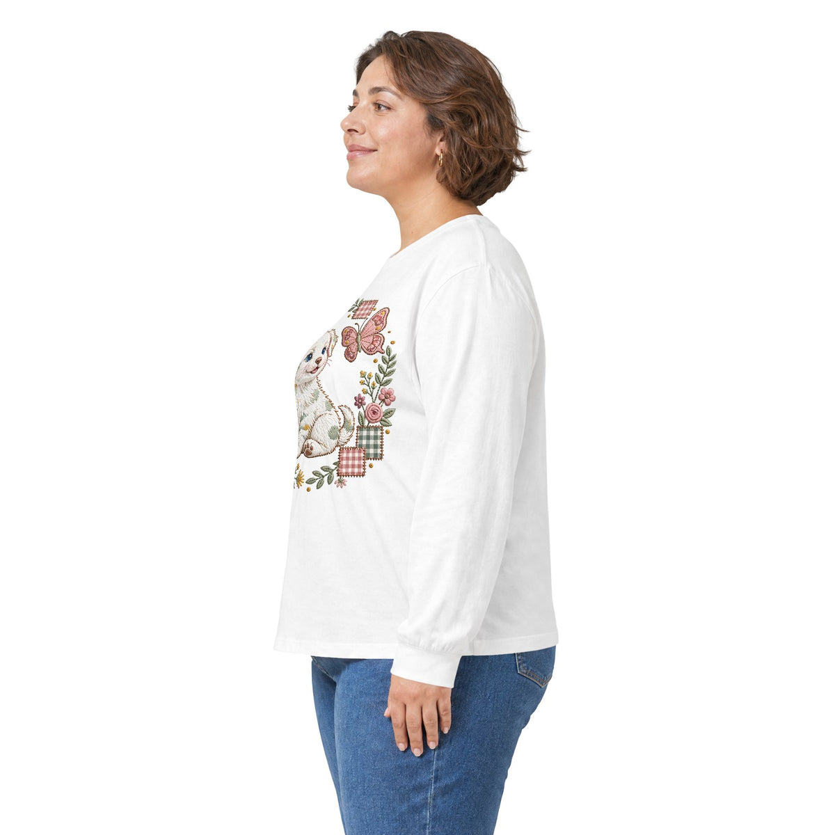 Cute Puppy Wreath Long Sleeve Tee — Floral Paw & Butterfly Design