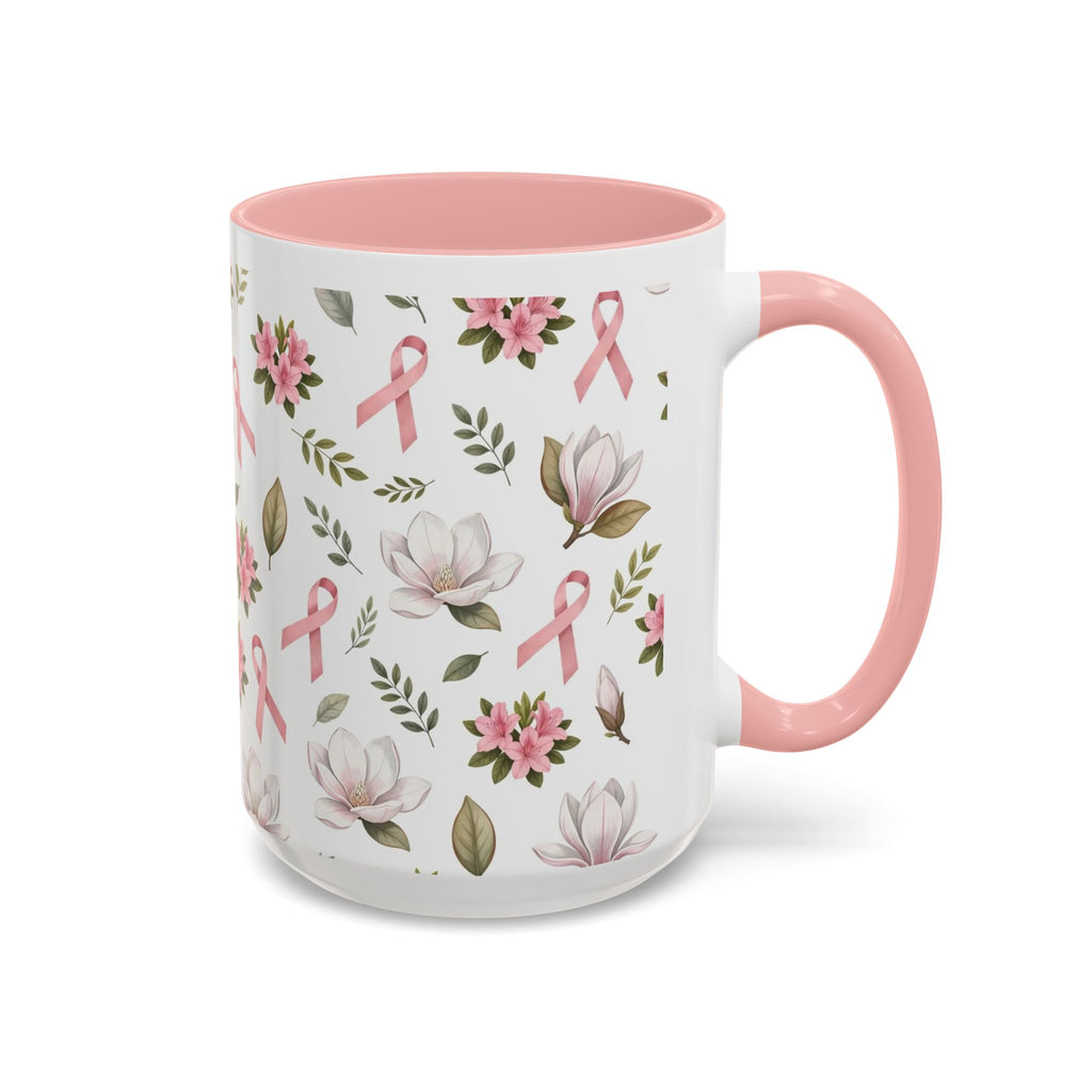 Breast Cancer Awareness Floral Accent Coffee Mug — Pink Ribbon 11/15oz