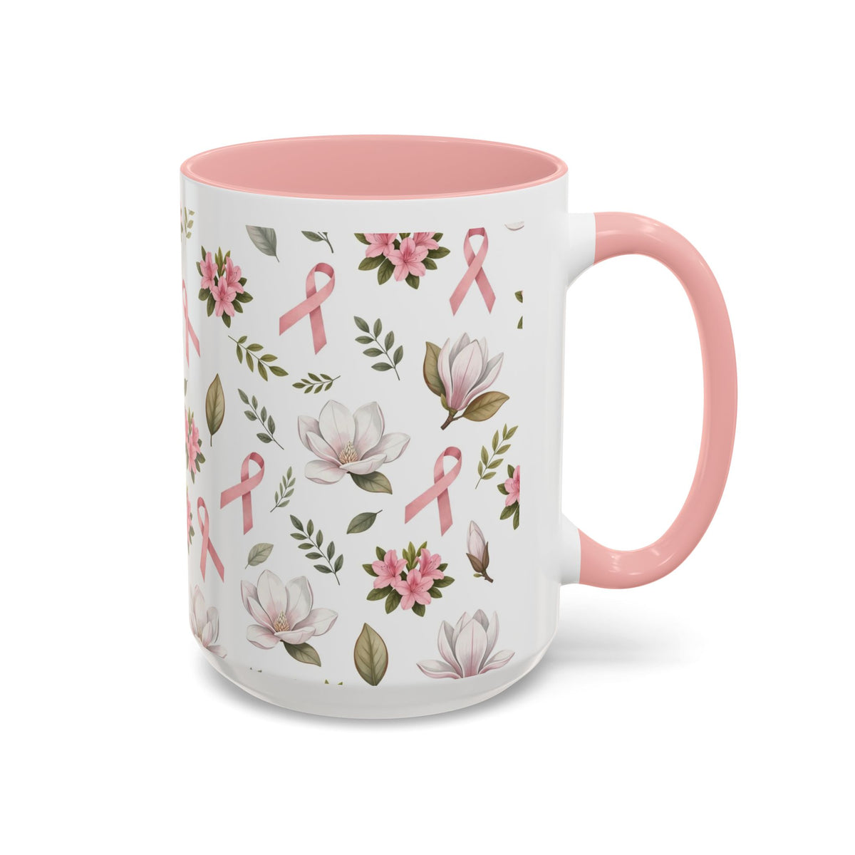 Breast Cancer Awareness Floral Accent Coffee Mug — Pink Ribbon 11/15oz
