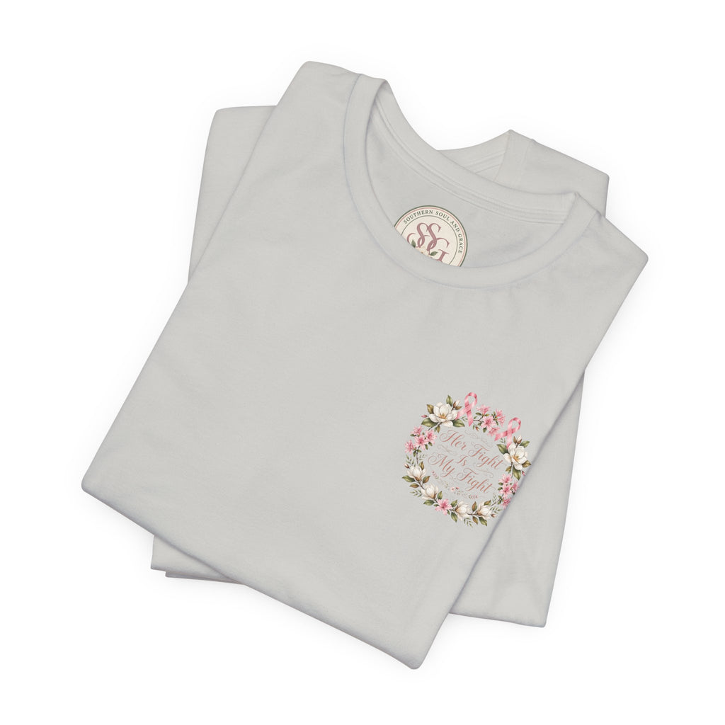Breast Cancer Awareness Tee — "Her Fight Is My Fight" Floral Ribbon T-Shirt - view 9